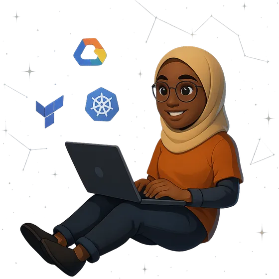 Illustration of Amina coding on a laptop, surrounded by the Google Cloud, Kubernetes and Terraform logos